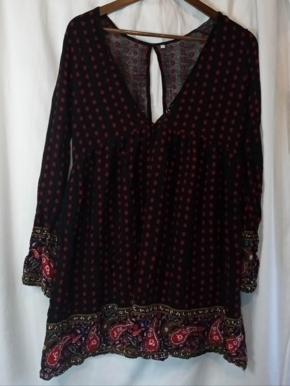 Boho V-Neck Long Sleeve Flowy Shirt Black Red Dots Paisley Festival Hippie Fairy
